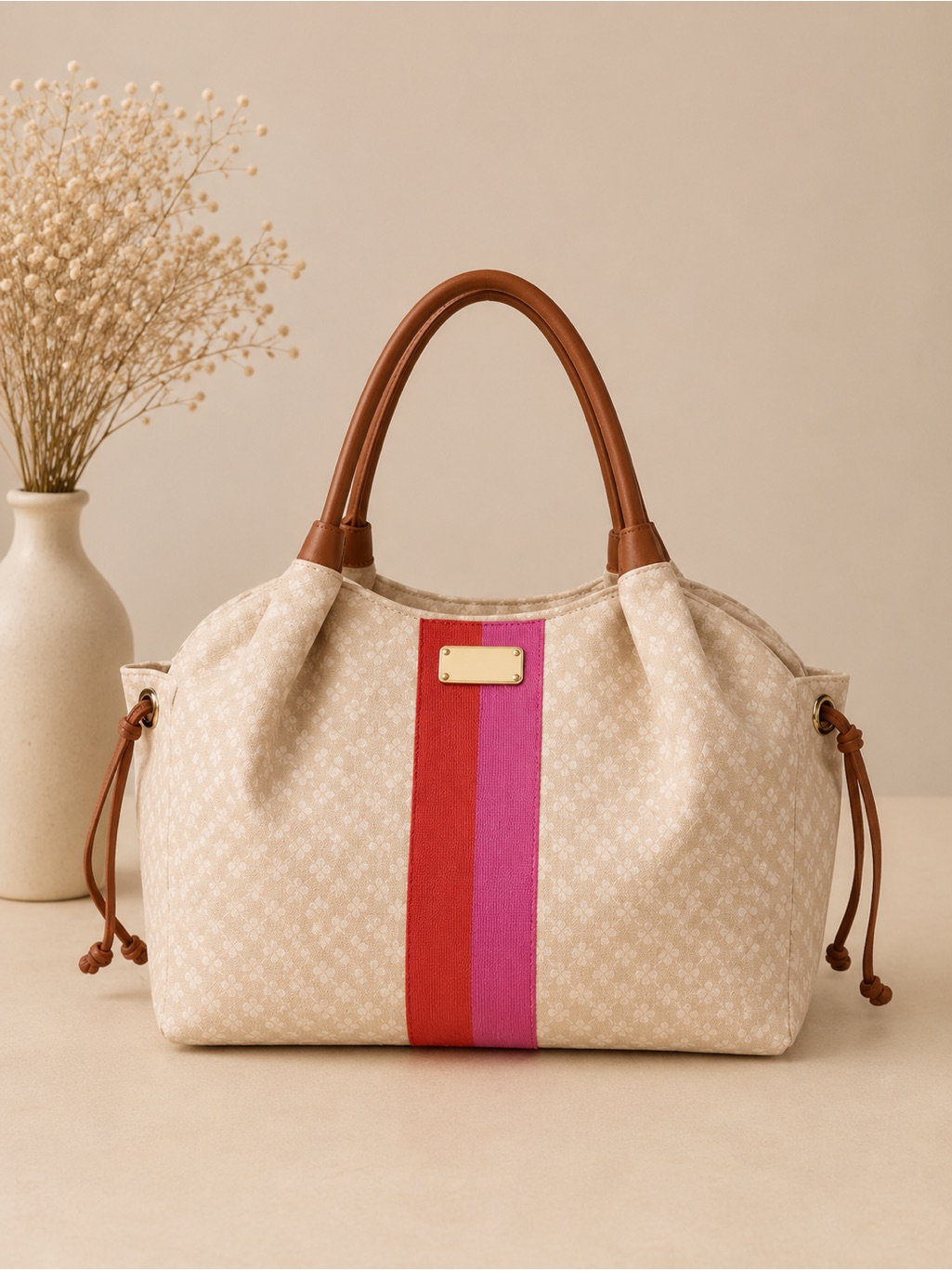Kate Spade Beige Monogram Satchel With Red And Pink Stripe
